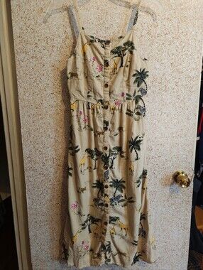 Cute Safari Print Linen Button Down Sundress With Smocking Women XS